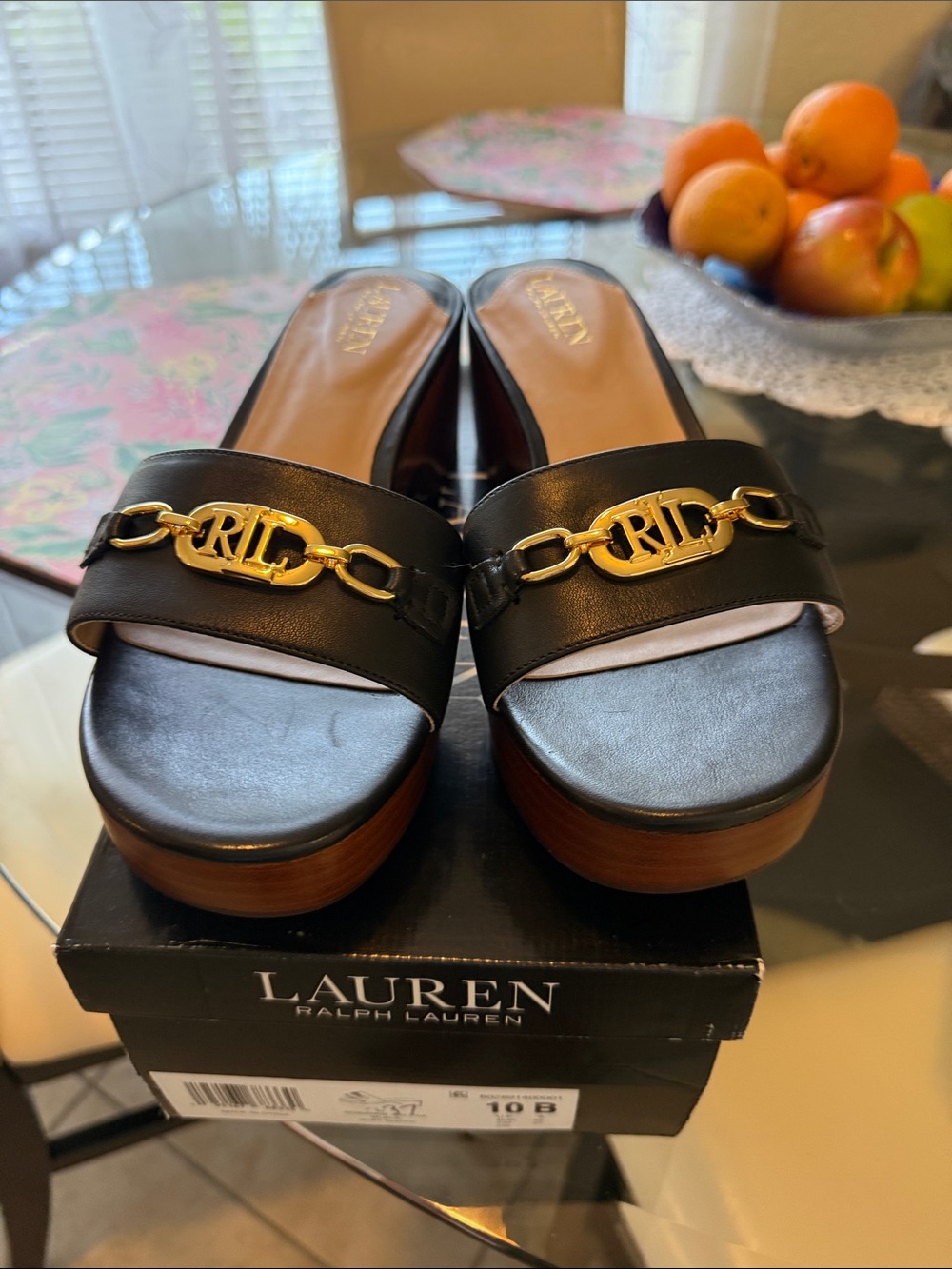 Ralph Lauren Black Leather Platform Mule Slides with Gold RL Chain